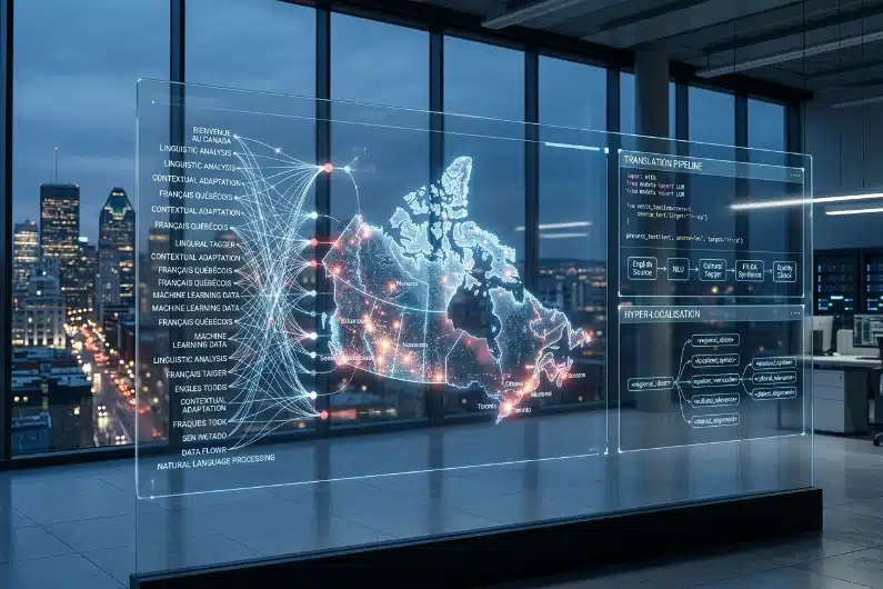 A high-tech digital representation of the future of Canada's translation industry, featuring AI-driven neural machine translation, bilingual English and French data streams, and hyper-localization technology.